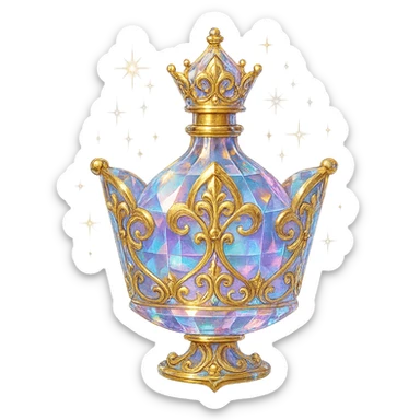 premium class crystal elixir bottle shaped like a crown, pastel gradient, lots of shine, facets, ornaments, golden details, magical effects, very small golden neck, transparent background, beautiful connected base, clearly floating in the air, no base or shadow, very luxurious, interesting design, fits a collection sticker