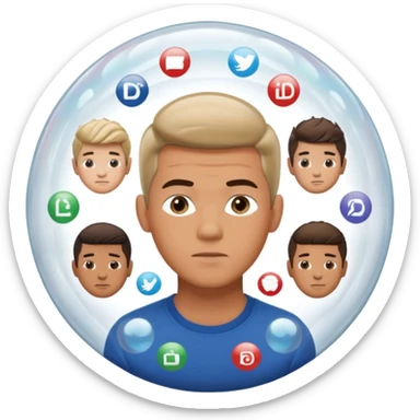 Emoji-style casually dressed man inside a clear bubble surrounded by repeating identical content icons. He can only see one direction, with other viewpoints outside the bubble blurred or muted. Clean-shaven, neutral background, soft lighting sticker