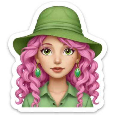 pink haired very long curly haired woman with full full face light green clay mask  and big earrings and hat sticker
