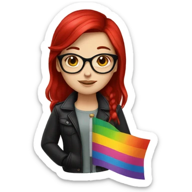 a white girl with black and red hair, glasses and a lesbian flag sticker
