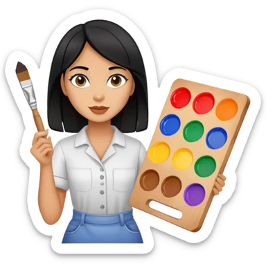 painting, artist, black hair tanned woman, paint pallet colors and paint brush sticker