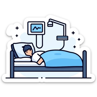 Sleep laboratory icon with bed, brain wave monitor, and sleep measurement equipment sticker