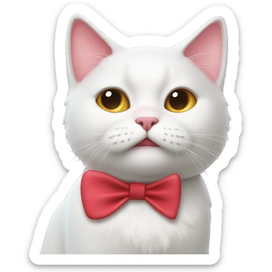 A white cartoon cat with a red bow on its left ear, looking unwell., disgusting a pink liquid out of his mouth sticker