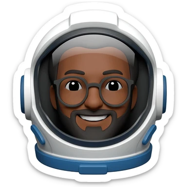 astronaut with helmet in space brown skin, black eyes, glasses and beard smiling a bit long hair sticker