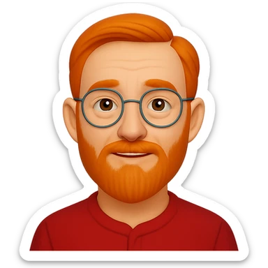 old man, orange straight hair, with beard, no mustache, wearing glasses, long face, wearing a red jacket, emoji style sticker
