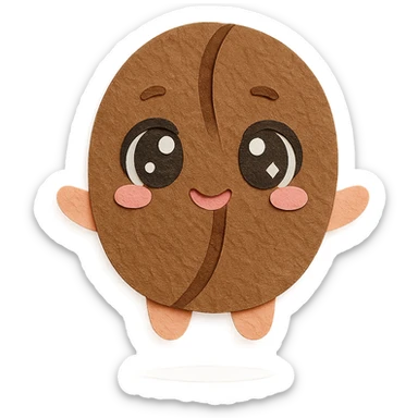 chibi coffee bean character, full body, big sparkling eyes, tiny arms, soft pastel colors sticker