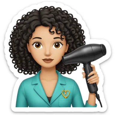 Parrucchiera con il phon in mano e la scritta coiffeur assunta capelli neri e ricci sticker
