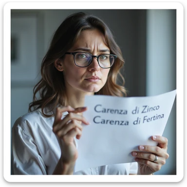 hyperrealistic 4K detailed image of a woman with PCOS, frustrated expression, holding a magnifying glass focusing on the words 'Carenza di Zinco', 'Carenza di Ferro', 'Carenza di Biotina' on a medical report, clinical environment sticker