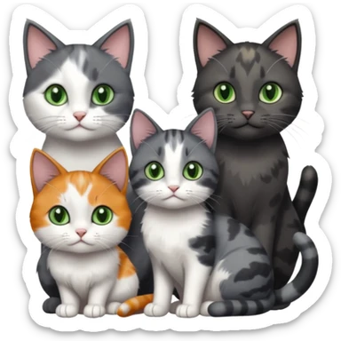 3 different coloured small cats including a dark grey and white, and a patchy calico and a completely solid dark grey with green eyes and only white paws sticker
