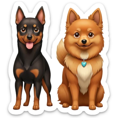 Doberman Pinscher and Pomeranian Spitz standing side by side. The Doberman has a sleek black and tan coat with alert ears, while the Pomeranian has a fluffy orange coat and a joyful expression. Beautiful natural background, with a clear blue sky and green grass. Transparent background. sticker