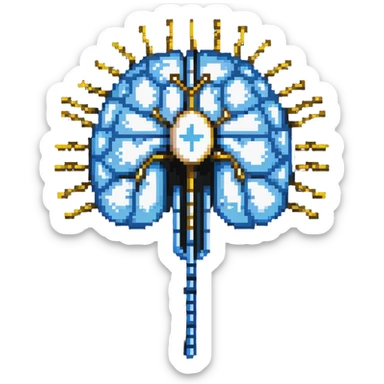 Pixel art of a pearlescent blue capsule floating in front of a brain with golden pixel pulses forming neural connections. A small liver icon nearby, all rotating in a pixelated aura of mental focus sticker