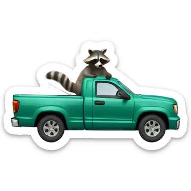 Raccoon driving blue green blue pickup truck sticker