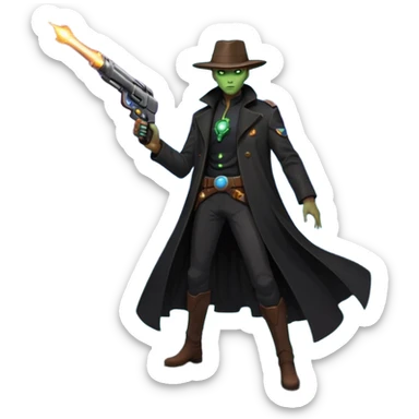 A mysterious alien gunslinger standing on a floating rock in space, cosmic nebula behind him, glowing energy revolver, long flowing coat in zero gravity, epic lighting, ultra detailed space western art
 sticker