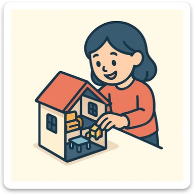 smiling girl arranging furniture in doll house sticker