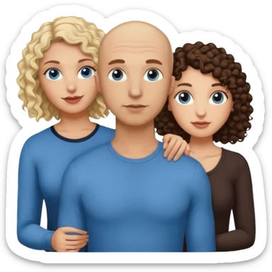 tattooed covered bbald brown eyed male with blonde haired blue eyed big boob female with brunette curly haired brown eyed big boob female throuple  sticker