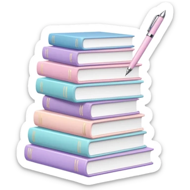 stacked pastel books with soft shadows, gentle sparkle, minimalistic clean girl vibe with a beautiful on top sticker
