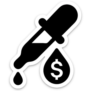 solid icon of a pipette with a golden drop, dollar sign inside the drop sticker