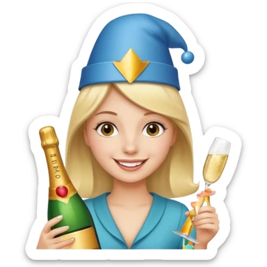 girl holding only Champagne bottle with party cap. sticker