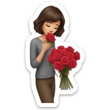 brunette girl smells  bouquet of roses sticker