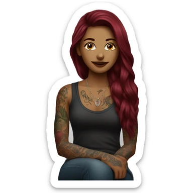 Beautiful tattooed burgundy long haired woman sitting on couch sticker