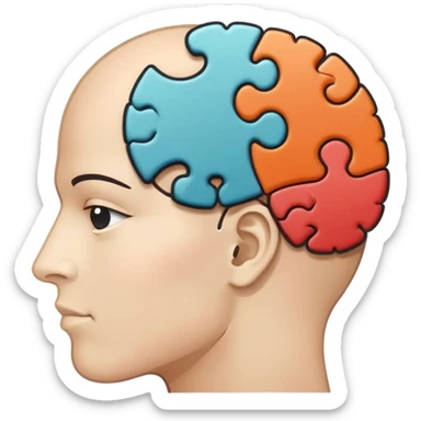 Minimalistic flat vector icon, iOS style, thin black contour on white background. Human head profile with a brain inside, split into puzzle pieces. No text, no shadows. sticker