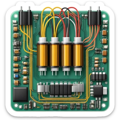 An icon featuring a circuit board, electrical wires, symbolizing electrical engineering. The design includes resistors, capacitors, and a power transformer, representing the study of electrical systems and innovation. Transparent background highlights modern electrical technology sticker
