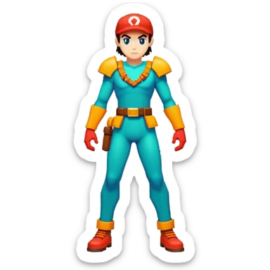 The artwork showcases a pixel-art character in a dynamic pose, with vibrant colors that create a striking contrast. Unlike a traditional ninja, this character has a distinct design, featuring unique accessories and a strong silhouette. The background is kept simple, allowing the intricate pixel details to stand out. The overall style is reminiscent of retro video games, blending nostalgia with a modern creative twist. sticker