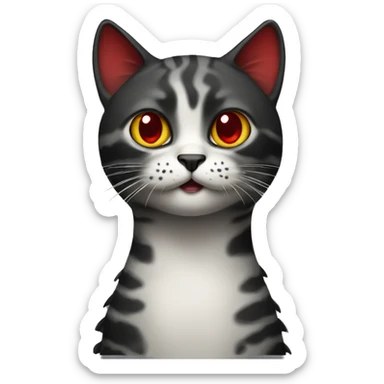 a cat with black and red coloring and eyes like a crocodile sticker