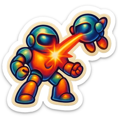 new character...robot being hit with a red beam by a flying robot sticker