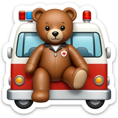 a leather teddy bear inside an ambulance driving an ambulance sticker