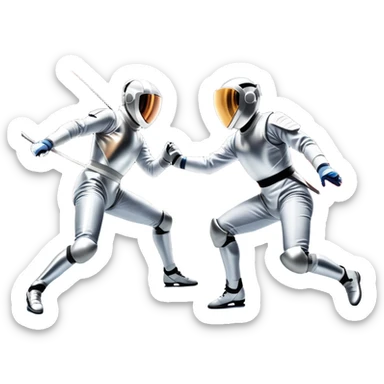 Two fencers in full protective gear duel on a professional piste, their foils clashing in mid-air. The background features a dynamic blur, symbolizing speed and precision. The scene is illuminated by bright arena lights, emphasizing the intensity of the match. Transparent background. sticker