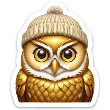 golden owl with shiny feathers. With a knitted hat in head  sticker