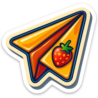 retro sticker-style paper airplane with bold outlines, expressive shadows and highlights, slightly three-dimensional playful look, outlined glossy bright style like lips with strawberry illustration sticker