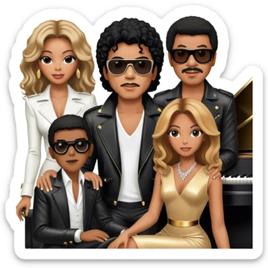 Michael Jackson in his black leather jacket, Beyoncé in a glamorous stage outfit, Lionel Richie in his classic look, Whitney Houston in her famous dress, and Ray Charles in black glasses sitting at a piano. Transparent background. sticker