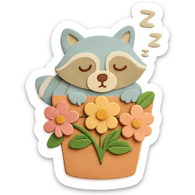 Add a few natural-looking pastel color flowers into the flower pot, making sure the flowers look natural and the image has no imperfections. The raccoon and flower pot design remain unchanged. sticker
