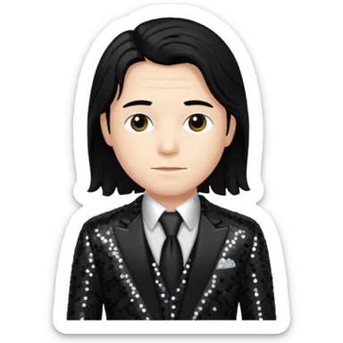 Charles Lee Ray with long black hair, dark suit sequin suit  sticker