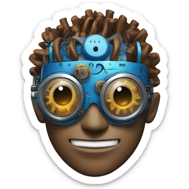 Brown cyborg head with blue Mohawk, blue beard, silver steampunk monocle goggles a smile and circuits sticker