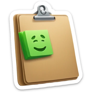 Design a simple emoji-style icon that represents a catalog of items in stock. It should include a clipboard or checklist symbol, with a shopping bag or box, and use bright, inviting colors like green to signify availability. sticker