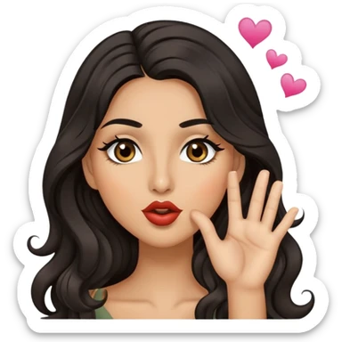 woman with olive skin, brown eyes and long lashes, and long black wavy hair blowing kiss sticker