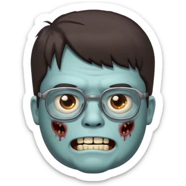 An emoji of a slightly chubby male zombie with dark brown hair and bangs down to his eyebrows, wearing square, bluish glasses. sticker