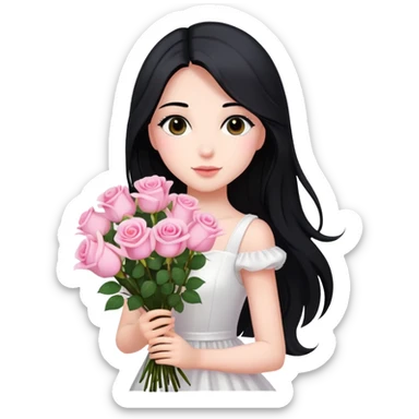 A beautiful girl with long black hair and a white dress is holding a bouquet of pink roses sticker
