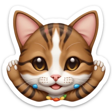 dark brown tabby and white small cat in funny positions upside down with paws covering eyes sticker
