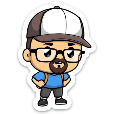 adventurer with goatee beard (no beard on cheeks), short hair, glasses and backwards baseball cap sticker