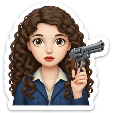 A brunette with long wavy, curly hair girl who is about to kill herself with a littlr gun pointed at her temple sticker