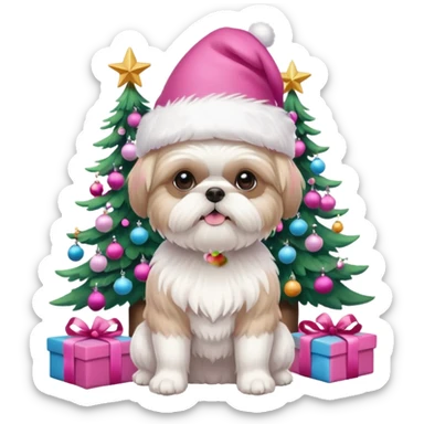 one little white all over shih tzu dog with pink santa hat with short hair sitting next to pink christmas tree sticker