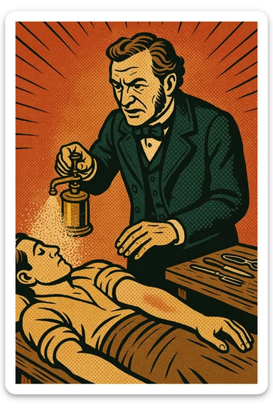 A victorian surgeon like Joseph Lister using a carbolic acid spray during an operation on a patient's arm. The patient is on a wooden operating table. There are surgical tools on a bench to the side. sticker