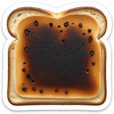 A single slice of toast, completely blackened and burnt all over, with no golden areas left. The surface is charred, dry, and cracked — representing an overcooked, inedible toast sticker
