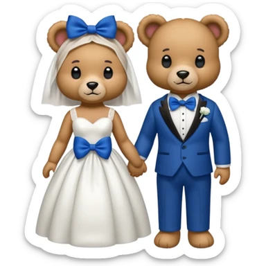 Teddy bear wearing white wedding dress holding the hand to another teddy bear wearing a big royal blue bow tie sticker