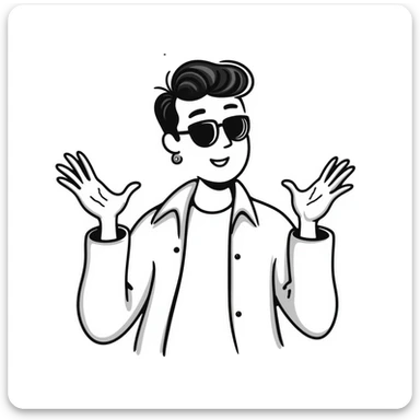 A 30-year-old Latino male with a piercing in one ear, wearing sunglasses, with short David Beckham style haircut, shrugging his shoulders with raised hands in a carefree "whatever, I'm good" gesture. He's smiling confidently while wearing a t-shirt with a light jacket sticker