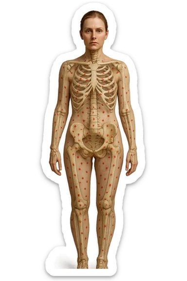 donna realistica a figura intera con red spot sparsi alle ossa, ossa del corpo visibili sul corpo, non sul volto iperrealistico 4k sticker